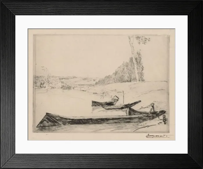 Framed Print : Small ferry-boats on the banks oft he Seine, c. 1858. Creator: Felix Bracquemond (French Framed Print : Small ferry-boats on the banks oft he Seine, c. 1858. Creator: Felix Bracquemond (French