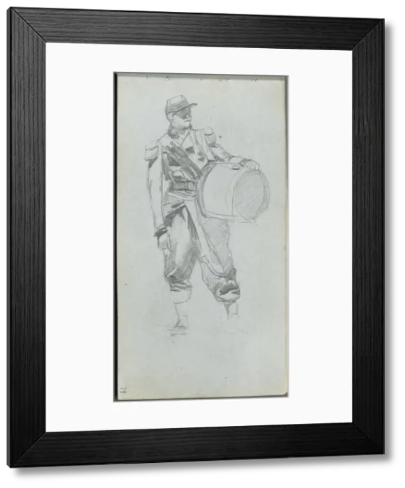 Framed Print : Sketchbook, page 79: Soldier with Drum. Creator: Ernest Meissonier (French, 1815-1891) Framed Print : Sketchbook, page 79: Soldier with Drum. Creator: Ernest Meissonier (French, 1815-1891)