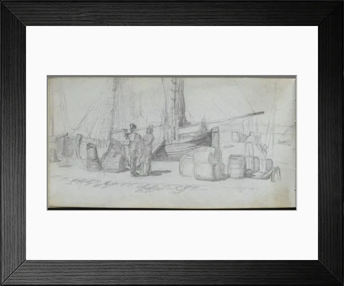 Framed Print : Sketchbook, page 50: Boats, Figures, Cargo on a Beach. Creator: Ernest Meissonier (French Framed Print : Sketchbook, page 50: Boats, Figures, Cargo on a Beach. Creator: Ernest Meissonier (French