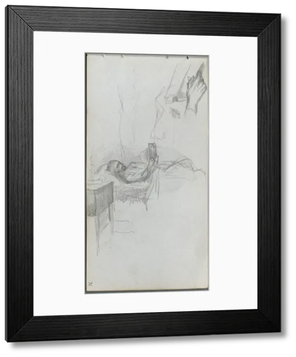 Framed Print : Sketchbook, page 71: Study of a Figure Reading in Bed, Study of a Hand Framed Print : Sketchbook, page 71: Study of a Figure Reading in Bed, Study of a Hand