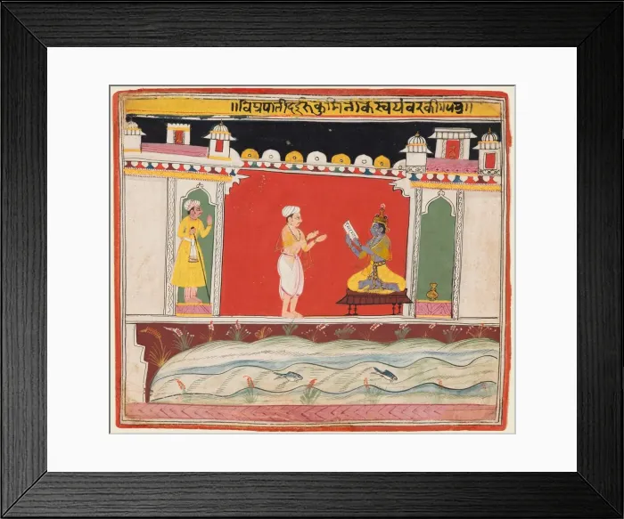 Framed Print : A page from a Bhagavata Purana series: A Brahmin gives Krishna the message or invitation Framed Print : A page from a Bhagavata Purana series: A Brahmin gives Krishna the message or invitation