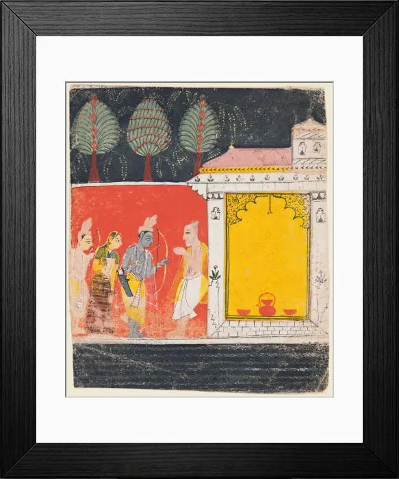 Framed Print : A page from a Ramayana: A night scene of Rama, Lakshman and Sita before the rishi Framed Print : A page from a Ramayana: A night scene of Rama, Lakshman and Sita before the rishi