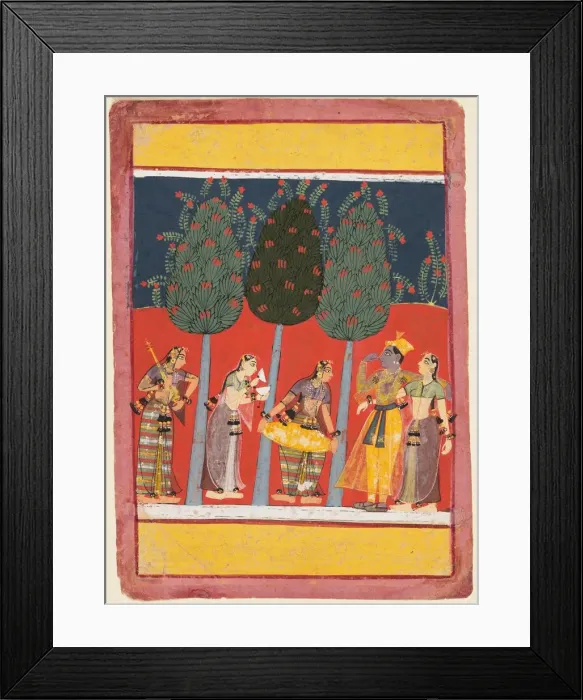 Framed Print : A page from a Rasikapriya series: Krishna and Radha and the Sakhis with musical instruments, c Framed Print : A page from a Rasikapriya series: Krishna and Radha and the Sakhis with musical instruments, c