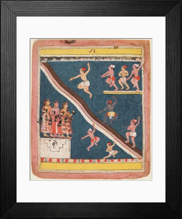 Framed Print : A page from Rasikapriya of Kesava Das: Krishna and the Gopas Dive into a pond, c. 1640 Framed Print : A page from Rasikapriya of Kesava Das: Krishna and the Gopas Dive into a pond, c. 1640