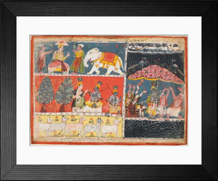 Framed Print : A page from the Bhagavata Purana: Indra sends a torrent of rain; Krishna lifts Mt Framed Print : A page from the Bhagavata Purana: Indra sends a torrent of rain; Krishna lifts Mt