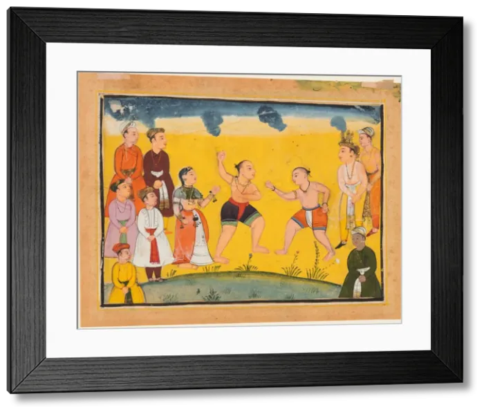 Framed Print : A page from the Mahabharata: Bhima fighting with Jayadratha, c. 1615. Creator: Unknown Framed Print : A page from the Mahabharata: Bhima fighting with Jayadratha, c. 1615. Creator: Unknown