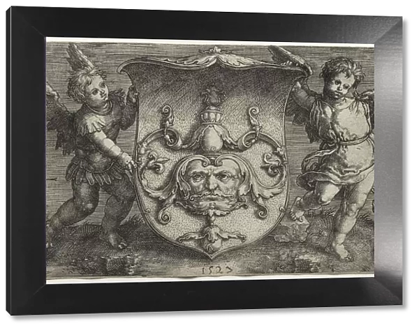 A Shield Bearing a Mask Supported by Two Genii, 1527. Creator: Lucas van Leyden (Dutch, 1494-1533)