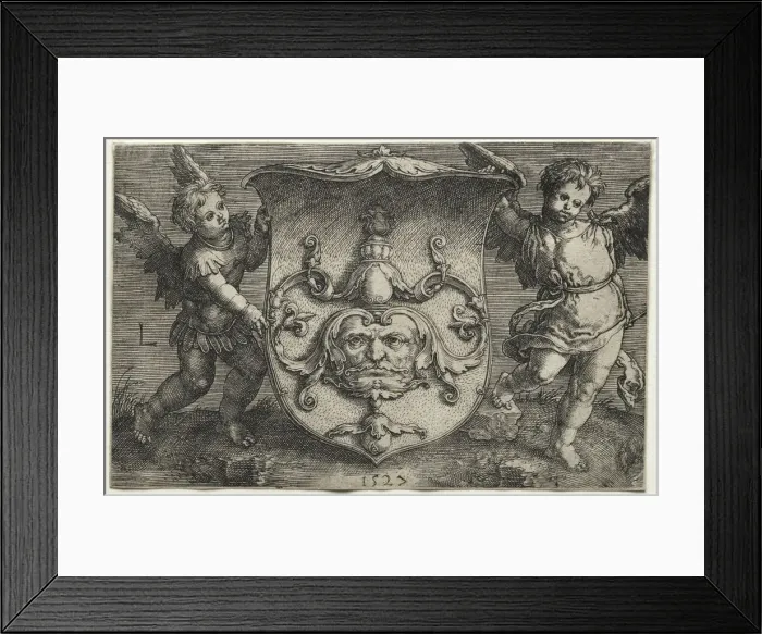 Framed Print : A Shield Bearing a Mask Supported by Two Genii, 1527. Creator: Lucas van Leyden (Dutch, 1494-1533) Framed Print : A Shield Bearing a Mask Supported by Two Genii, 1527. Creator: Lucas van Leyden (Dutch, 1494-1533)