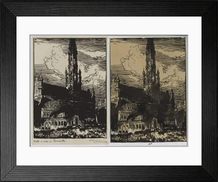 Framed Print : Hotel de Ville de Bruxelles en feu, 1914. Creator: Auguste Louis Lepere (French Framed Print : Hotel de Ville de Bruxelles en feu, 1914. Creator: Auguste Louis Lepere (French