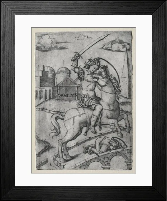 Framed Print : Horatius Cocles Defending the Sublician Bridge. Creator: Marcantonio Raimondi (Italian Framed Print : Horatius Cocles Defending the Sublician Bridge. Creator: Marcantonio Raimondi (Italian