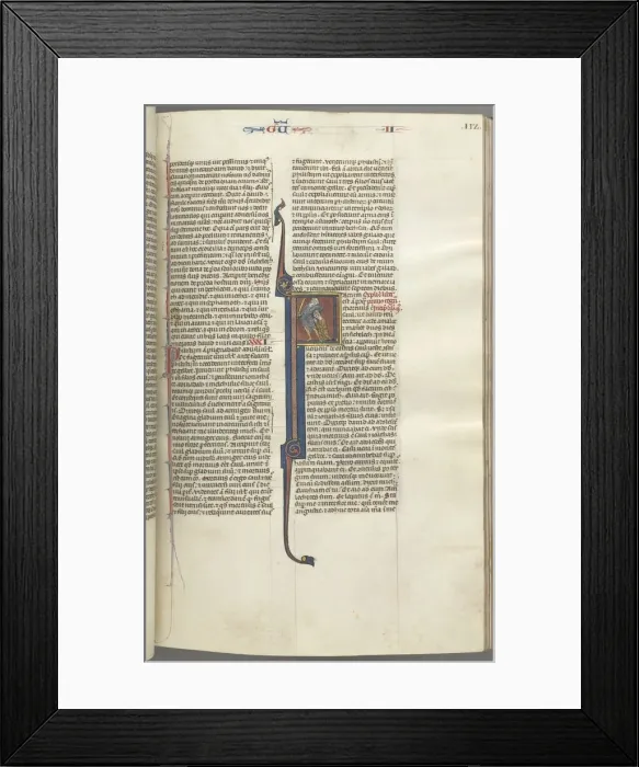 Framed Print : Fol. 112r, Kings II, historiated initial F, the beheading of the Amalekite, c. 1275-1300 Framed Print : Fol. 112r, Kings II, historiated initial F, the beheading of the Amalekite, c. 1275-1300