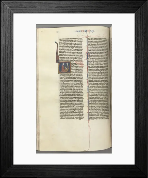 Framed Print : Fol. 178v, Nehemiah, historiated initial V, Nehemiah presenting the golden cup to Artaxerxes, c Framed Print : Fol. 178v, Nehemiah, historiated initial V, Nehemiah presenting the golden cup to Artaxerxes, c