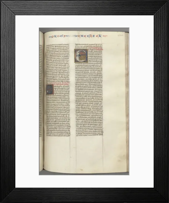 Framed Print : Fol. 320r, Ezechiel, historiated initial E, a sleeping Ezechiel with his vision of the four beasts Framed Print : Fol. 320r, Ezechiel, historiated initial E, a sleeping Ezechiel with his vision of the four beasts