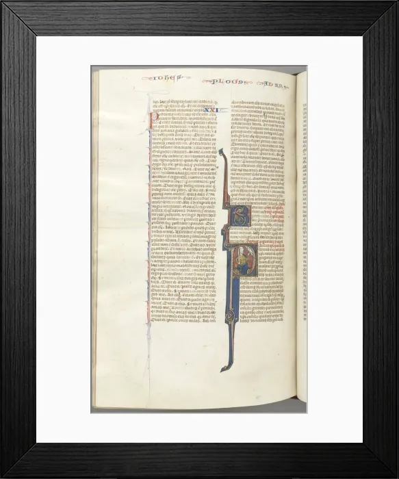 Framed Print : Fol. 435v, Romans, historiated initial P, Paul seated with a sword talking to the bust of God Framed Print : Fol. 435v, Romans, historiated initial P, Paul seated with a sword talking to the bust of God
