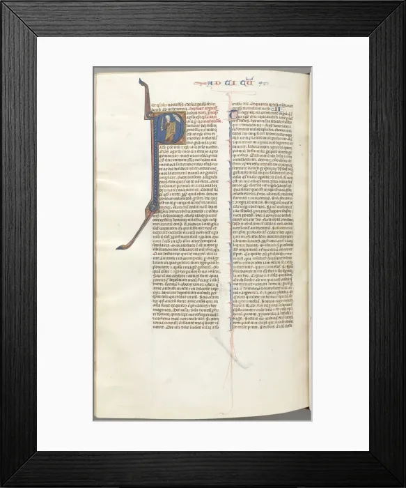 Framed Print : Fol. 457v, Timothy II, historiated initial P, Paul talking to the bust of God above, c Framed Print : Fol. 457v, Timothy II, historiated initial P, Paul talking to the bust of God above, c