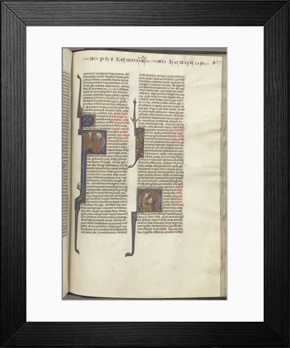 Framed Print : Fol. 459r, Philemon, historiated initial P, Paul addressing three men and Hebrews Framed Print : Fol. 459r, Philemon, historiated initial P, Paul addressing three men and Hebrews