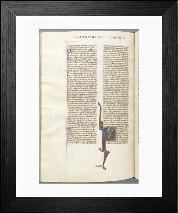 Framed Print : Fol. 477v, Peter, historiated initial P, Peter with a key, talking to the bust of God above, c Framed Print : Fol. 477v, Peter, historiated initial P, Peter with a key, talking to the bust of God above, c