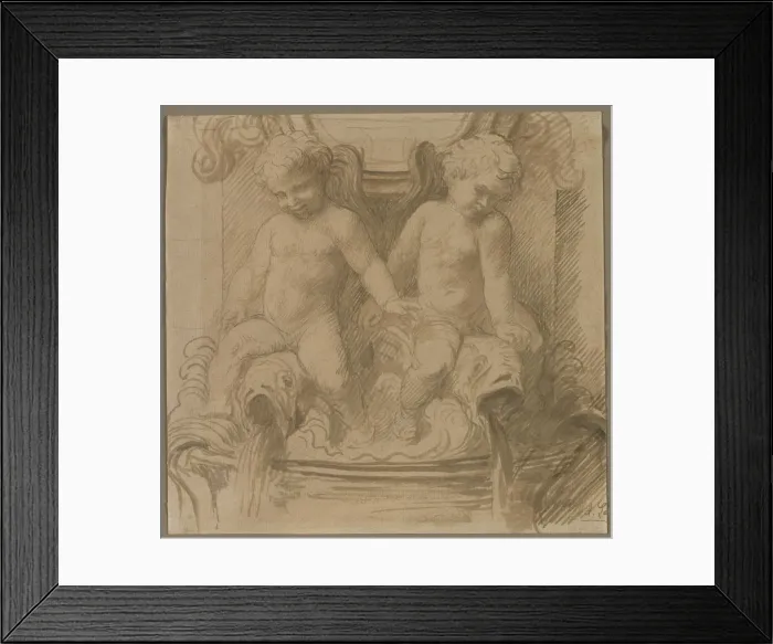 Framed Print : Fountain with Putti Riding Dolphins, last half 1800s. Creator: Alphonse Legros (French, 1837-1911)