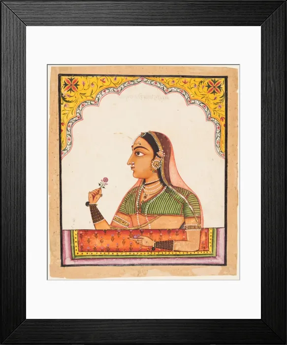 Framed Print : From a series of female portraits: A lady at a jharoka window holding a rose, c. 1730 Framed Print : From a series of female portraits: A lady at a jharoka window holding a rose, c. 1730
