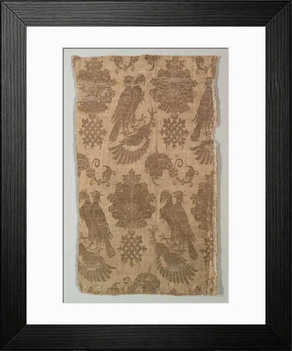 Framed Print : Gold-patterned Silk with Falcons and Heraldry, 1360-1400. Creator: Unknown Framed Print : Gold-patterned Silk with Falcons and Heraldry, 1360-1400. Creator: Unknown