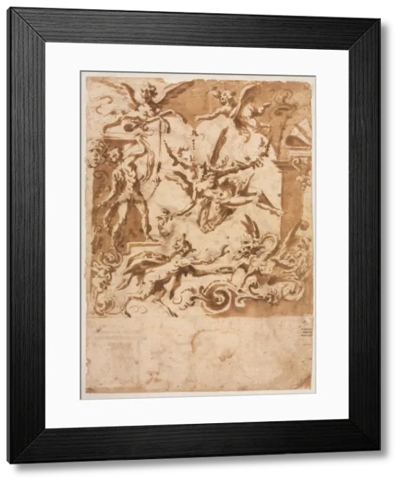 Framed Print : Grotesque with a Satyr Feeding a Dragon (recto), c. 1565 / 1588. Creator: Marco Marchetti (Italian Framed Print : Grotesque with a Satyr Feeding a Dragon (recto), c. 1565 / 1588. Creator: Marco Marchetti (Italian