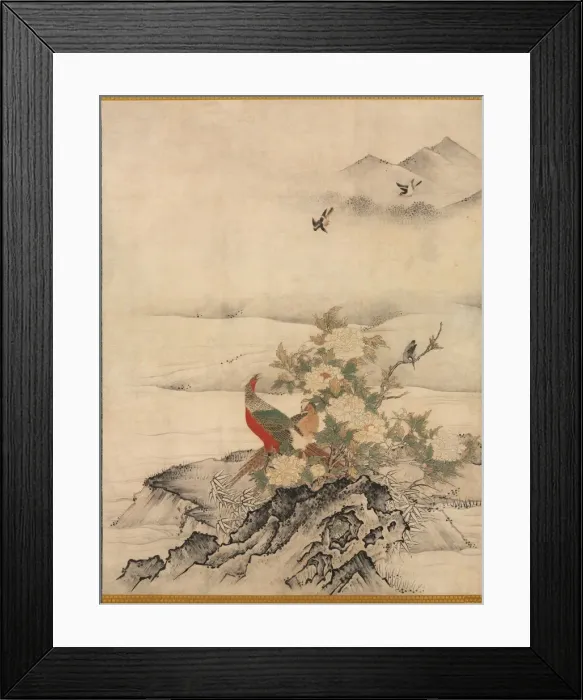 Framed Print : Flowers and Birds in a Spring Landscape, 1500s. Creator: Kano Motonobu (Japanese, c Framed Print : Flowers and Birds in a Spring Landscape, 1500s. Creator: Kano Motonobu (Japanese, c
