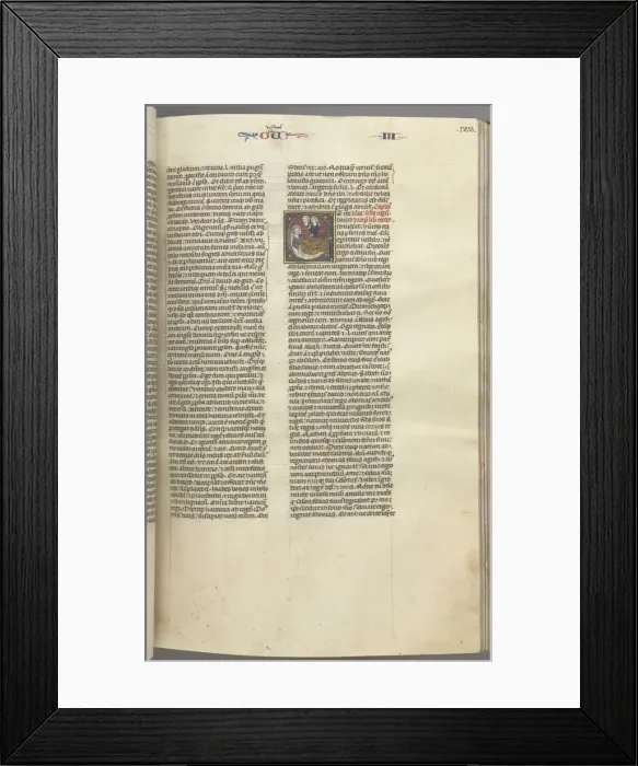 Framed Print : Fol. 123r, Kings III, historiated initial E, an attendant bringing Abishag to David Framed Print : Fol. 123r, Kings III, historiated initial E, an attendant bringing Abishag to David