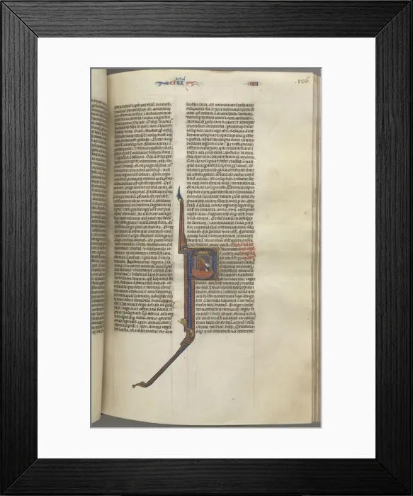 Framed Print : Fol. 136r, Kings IV, historiated initial P, Ahaziah falling from a tower, c. 1275-1300 Framed Print : Fol. 136r, Kings IV, historiated initial P, Ahaziah falling from a tower, c. 1275-1300