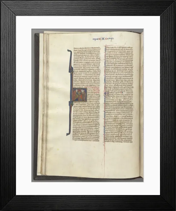 Framed Print : Fol. 20v, Exodus, historiated initial H, Moses and two followers with the tablets of the law, c