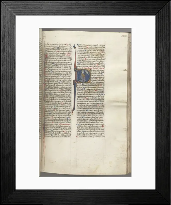Framed Print : Fol. 218r, Psalm 26, historiated initial D, David kneeling pointing to his eyes, the bust of God Framed Print : Fol. 218r, Psalm 26, historiated initial D, David kneeling pointing to his eyes, the bust of God