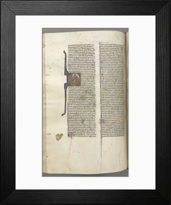 Framed Print : Fol. 220v, Psalm 38, historiated initial D, David kneeling, gesturing to the bust of God above, c Framed Print : Fol. 220v, Psalm 38, historiated initial D, David kneeling, gesturing to the bust of God above, c