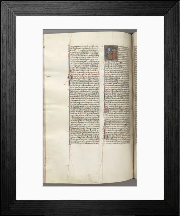 Framed Print : Fol. 227v, Psalm 80, historiated initial E, David hitting a carillon of hells, c. 1275-1300 Framed Print : Fol. 227v, Psalm 80, historiated initial E, David hitting a carillon of hells, c. 1275-1300