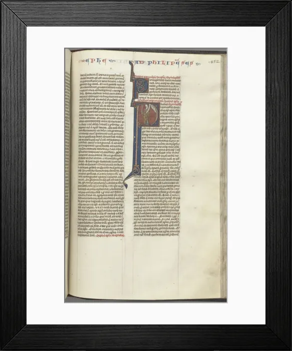 Framed Print : Fol. 452r, Philippians, historiated initial P, Paul standing with a sword and a scroll Framed Print : Fol. 452r, Philippians, historiated initial P, Paul standing with a sword and a scroll