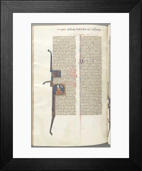 Framed Print : Fol. 455v, Thessalonians II, historiated initial P, Paul seated with a sword... c Framed Print : Fol. 455v, Thessalonians II, historiated initial P, Paul seated with a sword... c