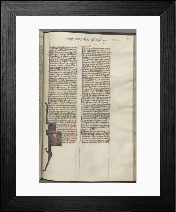 Framed Print : Fol. 456r, Timothy I, historiated initial P, Paul seated, c. 1275-1300. Creator: Unknown Framed Print : Fol. 456r, Timothy I, historiated initial P, Paul seated, c. 1275-1300. Creator: Unknown