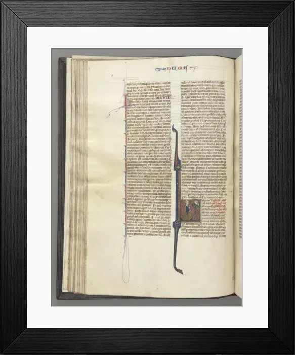 Framed Print : Fol. 46v, Numbers, historiated initial L, Moses with horns, kneeling before God, c Framed Print : Fol. 46v, Numbers, historiated initial L, Moses with horns, kneeling before God, c