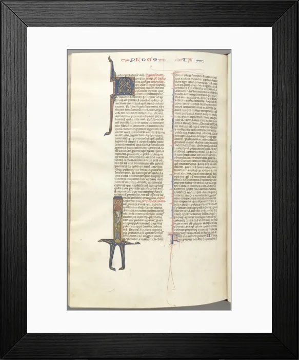 Framed Print : Fol. 476v, James, historiated initial I, James standing with a scroll, c. 1275-1300 Framed Print : Fol. 476v, James, historiated initial I, James standing with a scroll, c. 1275-1300