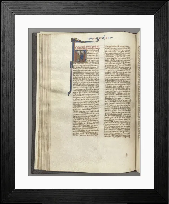 Framed Print : Fol. 62v, Deuteronomy, historiated initial H, Moses with horns and scroll preaching Framed Print : Fol. 62v, Deuteronomy, historiated initial H, Moses with horns and scroll preaching