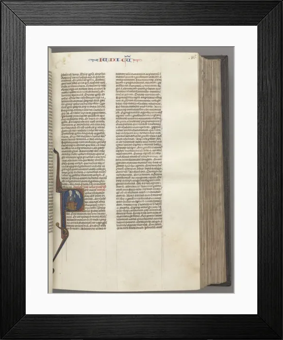 Framed Print : Fol. 86r, Judges, historiated initial R, Judah seated with a book talking to God, c Framed Print : Fol. 86r, Judges, historiated initial R, Judah seated with a book talking to God, c