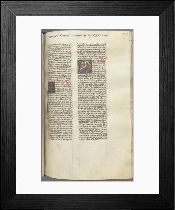 Framed Print : Fol. 257r, Ecclesiasticus, historiated initial O, Sirach seated with a scroll, bust of God above
