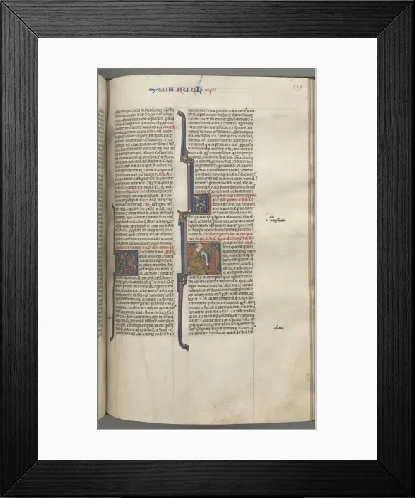 Framed Print : Fol. 317r, Baruch, historiated initial H, Baruch seated at a desk writing on a scroll, c Framed Print : Fol. 317r, Baruch, historiated initial H, Baruch seated at a desk writing on a scroll, c