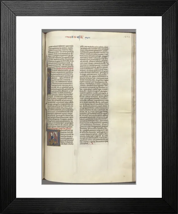 Framed Print : Fol. 353r, Joel, historiated initial V, Joel seated with a scroll, bust of God above, c Framed Print : Fol. 353r, Joel, historiated initial V, Joel seated with a scroll, bust of God above, c