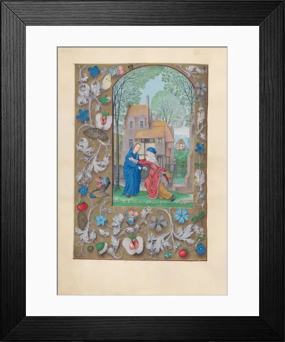 Framed Print : Hours of Queen Isabella the Catholic, Queen of Spain: Fol. 115v, Visitation, c. 1500 Framed Print : Hours of Queen Isabella the Catholic, Queen of Spain: Fol. 115v, Visitation, c. 1500