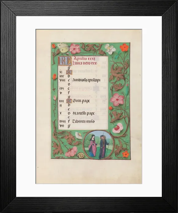 Framed Print : Hours of Queen Isabella the Catholic, Queen of Spain: Fol. 5r, April - Squire and Damsel, c Framed Print : Hours of Queen Isabella the Catholic, Queen of Spain: Fol. 5r, April - Squire and Damsel, c