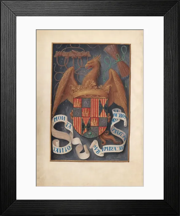 Framed Print : Hours of Queen Isabella the Catholic, Queen of Spain: Fol. 1v, Arms and Mottoes of Isabel Framed Print : Hours of Queen Isabella the Catholic, Queen of Spain: Fol. 1v, Arms and Mottoes of Isabel