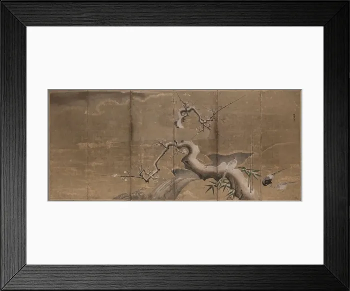 Framed Print : Winter Scene with Plum Trees and Pheasants, early 1600s. Creator: Kano Naonobu (Japanese Framed Print : Winter Scene with Plum Trees and Pheasants, early 1600s. Creator: Kano Naonobu (Japanese