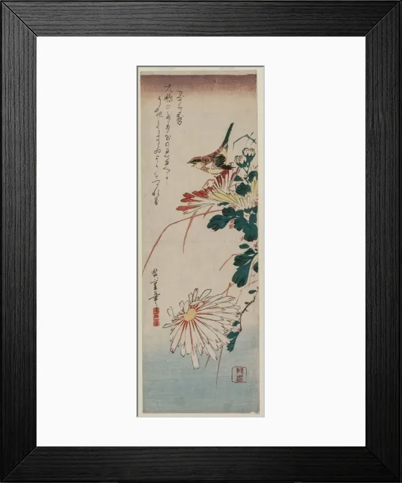 Framed Print : Warbler and Chrysanthemums, mid 1830s. Creator: Ando Hiroshige (Japanese, 1797-1858) Framed Print : Warbler and Chrysanthemums, mid 1830s. Creator: Ando Hiroshige (Japanese, 1797-1858)