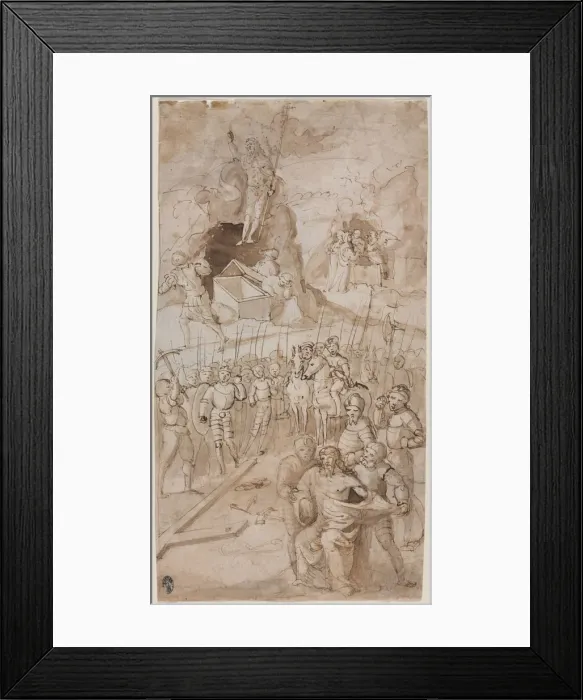 Framed Print : Three Scenes from the Passion of Christ (recto) Architectural Sketch (verso), 1500s Framed Print : Three Scenes from the Passion of Christ (recto) Architectural Sketch (verso), 1500s