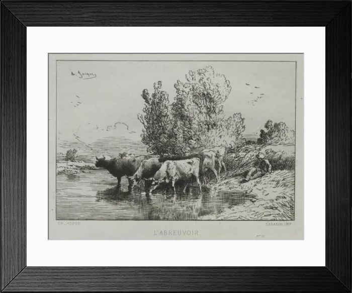 Framed Print : The Watering Place. Creator: Charles-Emile Jacque (French, 1813-1894) Framed Print : The Watering Place. Creator: Charles-Emile Jacque (French, 1813-1894)