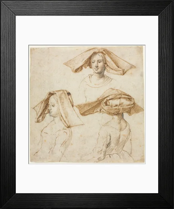 Framed Print : Three Studies of a Woman Wearing an Elaborate Headdress, c. 1500. Creator: Anonymous Framed Print : Three Studies of a Woman Wearing an Elaborate Headdress, c. 1500. Creator: Anonymous